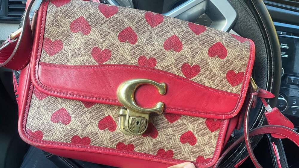 Coach Studio Shoulder Bag Signature Canvas Heart Print Red Leather